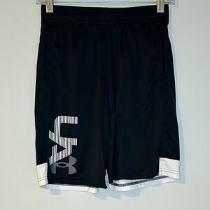 Under Armour Boys’ Black Athletic Shorts YLG Loose Fit Logo Mesh Hem